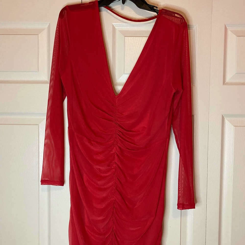 Deep long sleeve V-Neck mesh dress